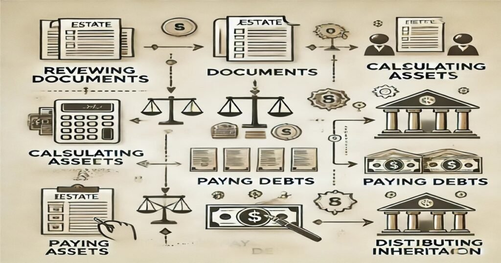 Icons representing steps like reviewing documents, calculating assets, and distributing inheritance.