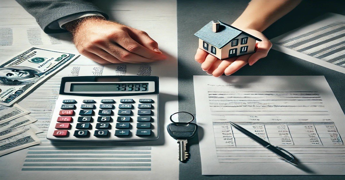 Calculator, financial documents, and house key on a table.