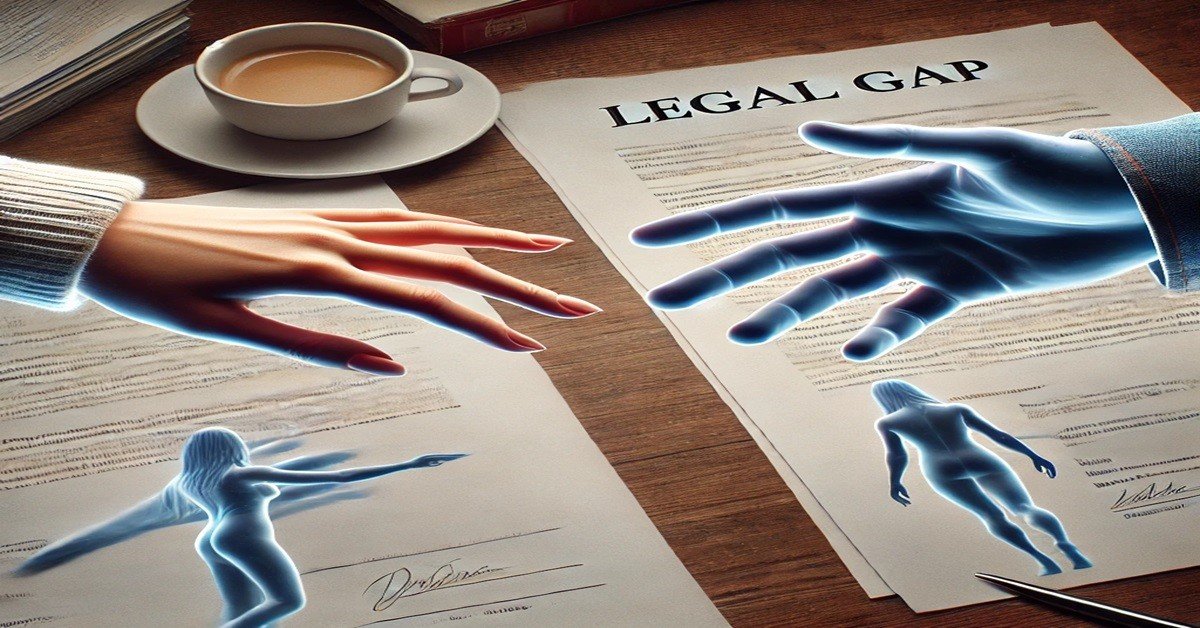 Two hands reaching toward each other, with legal documents in the background.