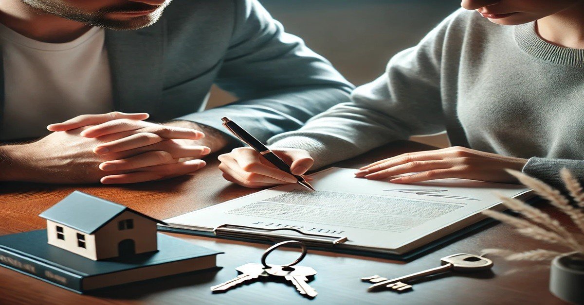 Couple signing a legal document at a table with property keys.