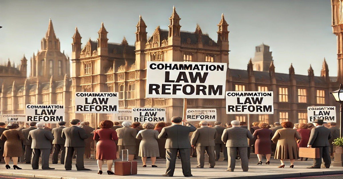 People holding signs about cohabitation law reform outside UK Parliament.