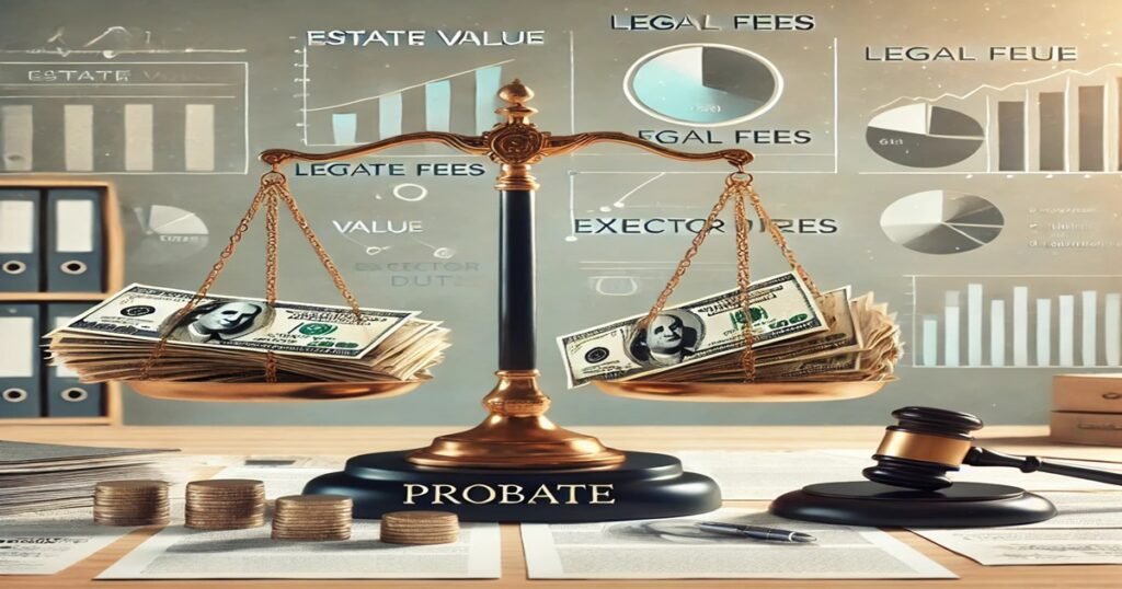 A scale balancing documents, money, and a legal gavel, symbolizing factors like estate value and legal fees that affect probate costs.